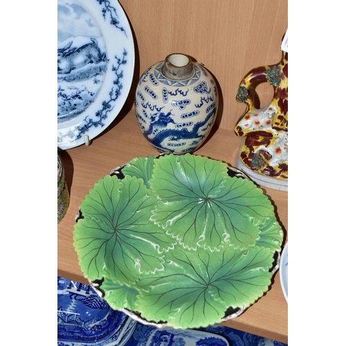 332 - A GROUP OF NINETEENTH CENTURY CERAMICS, ETC, to include a Staffordshire flatback vase depicting a sh... 