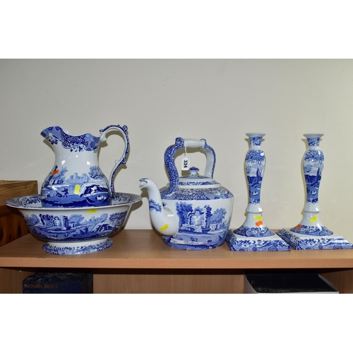 334 - A GROUP OF BLUE AND WHITE SPODE ITALIAN DESIGN CERAMICS, C1816 comprising a large wash bowl and jug,... 