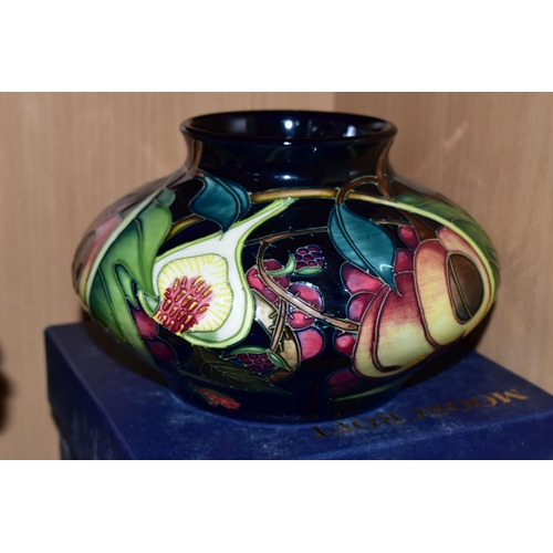 340 - A BOXED MOORCROFT POTTERY 'QUEENS CHOICE' PATTERN SQUAT VASE, designed by Emma Bossons, painted and ... 