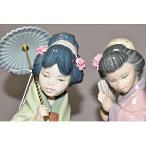 341 - TWO LLADRO ORIENTAL STYLE FIGURES, comprising 'Oriental Spring' 4988 and 'Timid Geisha Girl' 4990 bo... 