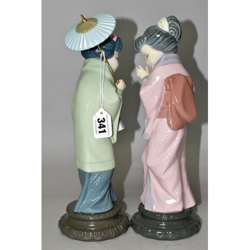 341 - TWO LLADRO ORIENTAL STYLE FIGURES, comprising 'Oriental Spring' 4988 and 'Timid Geisha Girl' 4990 bo... 