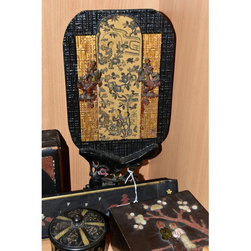 344 - A GROUP OF ORIENTAL LACQUERED BOXES, comprising a wooden decorative panel with a carved blossom flow... 