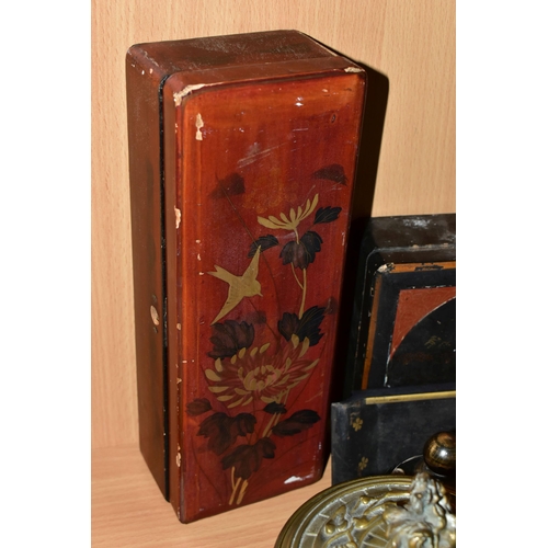 344 - A GROUP OF ORIENTAL LACQUERED BOXES, comprising a wooden decorative panel with a carved blossom flow... 