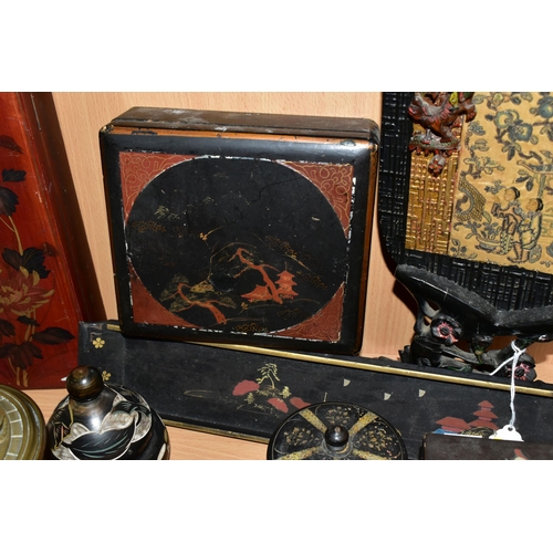 344 - A GROUP OF ORIENTAL LACQUERED BOXES, comprising a wooden decorative panel with a carved blossom flow... 