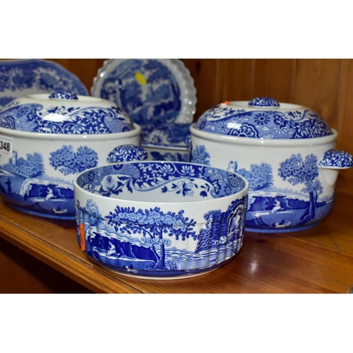 348 - A QUANTITY OF SPODE 'BLUE ITALIAN' PATTERN IMPERIAL COOKWARE, comprising an oval oven dish, length 3... 