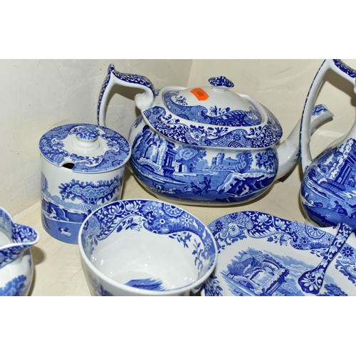 354 - A LARGE QUANTITY OF BLUE AND WHITE SPODE ITALIAN DESIGN DINNERWARES, comprising a coffee pot, six co... 