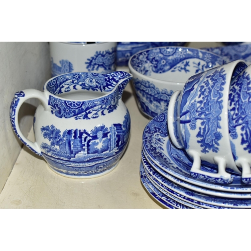 354 - A LARGE QUANTITY OF BLUE AND WHITE SPODE ITALIAN DESIGN DINNERWARES, comprising a coffee pot, six co... 