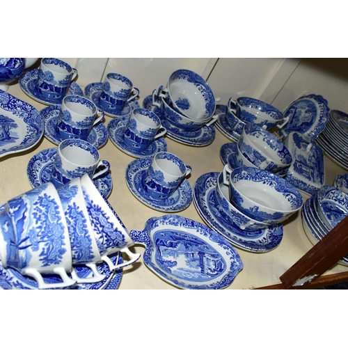 354 - A LARGE QUANTITY OF BLUE AND WHITE SPODE ITALIAN DESIGN DINNERWARES, comprising a coffee pot, six co... 