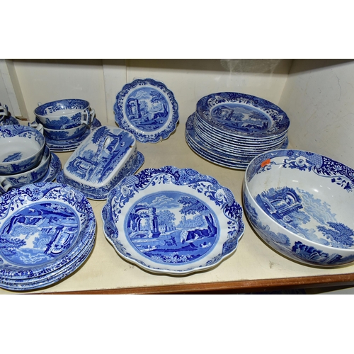 354 - A LARGE QUANTITY OF BLUE AND WHITE SPODE ITALIAN DESIGN DINNERWARES, comprising a coffee pot, six co... 