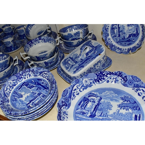 354 - A LARGE QUANTITY OF BLUE AND WHITE SPODE ITALIAN DESIGN DINNERWARES, comprising a coffee pot, six co... 