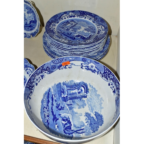 354 - A LARGE QUANTITY OF BLUE AND WHITE SPODE ITALIAN DESIGN DINNERWARES, comprising a coffee pot, six co... 