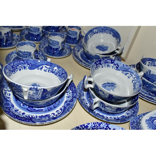 354 - A LARGE QUANTITY OF BLUE AND WHITE SPODE ITALIAN DESIGN DINNERWARES, comprising a coffee pot, six co... 