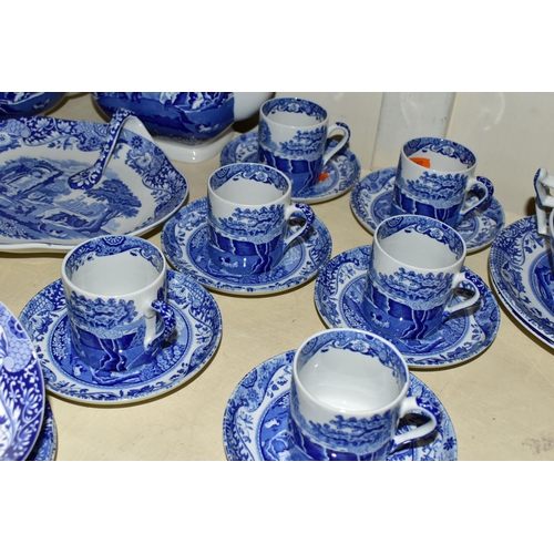 354 - A LARGE QUANTITY OF BLUE AND WHITE SPODE ITALIAN DESIGN DINNERWARES, comprising a coffee pot, six co... 