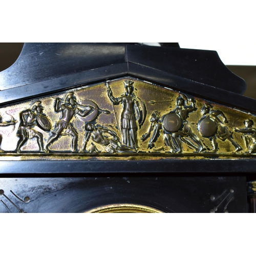 359 - A NINETEENTH CENTURY BLACK SLATE MANTEL CLOCK, of architectural form, the case having six columns, f... 