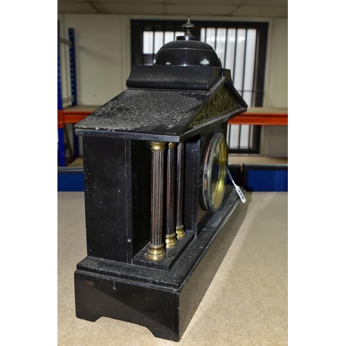 359 - A NINETEENTH CENTURY BLACK SLATE MANTEL CLOCK, of architectural form, the case having six columns, f... 