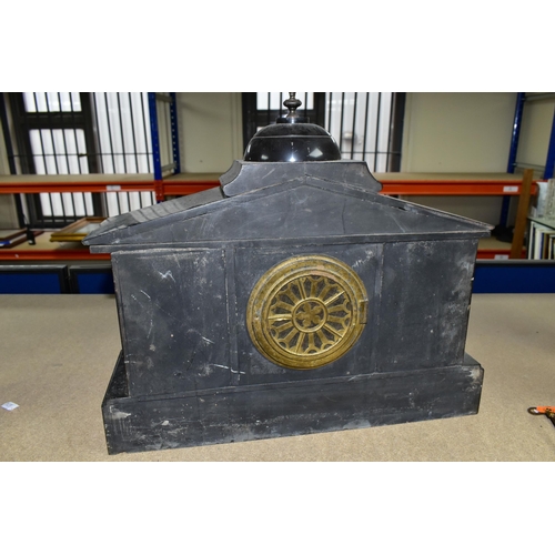 359 - A NINETEENTH CENTURY BLACK SLATE MANTEL CLOCK, of architectural form, the case having six columns, f... 