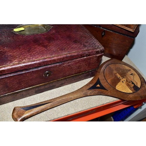 361 - A SMALL GROUP OF TREEN, comprising a burgundy leather covered writing box, with inscription 'June 18... 