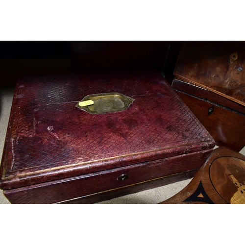 361 - A SMALL GROUP OF TREEN, comprising a burgundy leather covered writing box, with inscription 'June 18... 