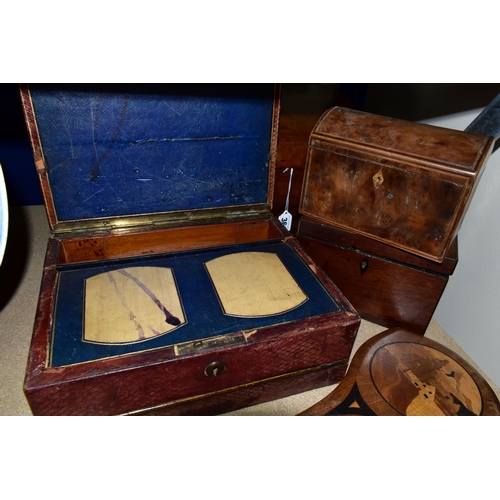 361 - A SMALL GROUP OF TREEN, comprising a burgundy leather covered writing box, with inscription 'June 18... 