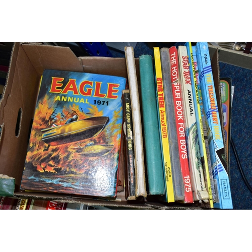 368 - FIVE BOXES  OF BOOKS & EPHEMERA, book title subjects include Children's Annuals and stories, geograp... 