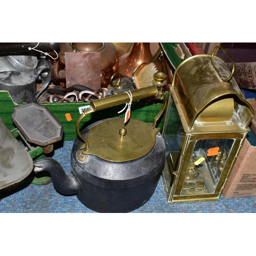 369 - TWO BOXES AND LOOSE METALWARES, to include a cast iron kettle with brass cover and handle, a brass o... 