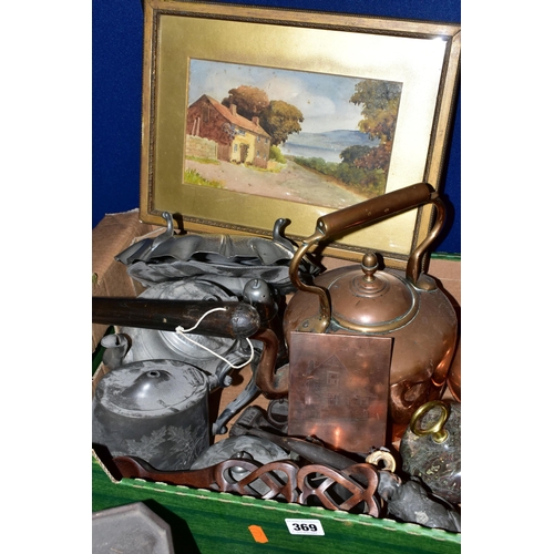 369 - TWO BOXES AND LOOSE METALWARES, to include a cast iron kettle with brass cover and handle, a brass o... 