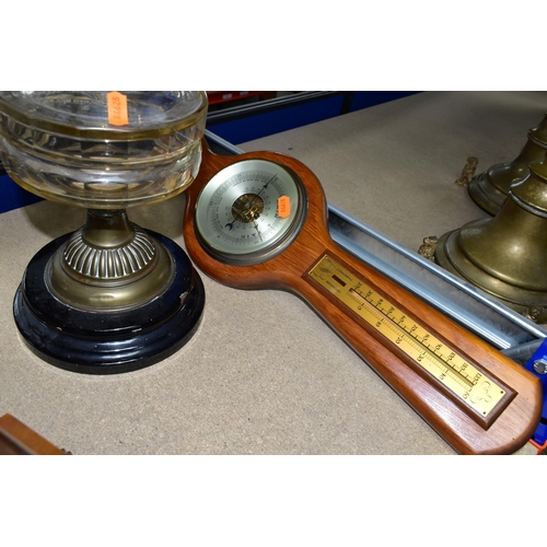 370 - A GROUP OF CLOCKS, A BAROMETER AND AN OIL LAMP, comprising a wooden cased 'The British Anvil Clock',... 