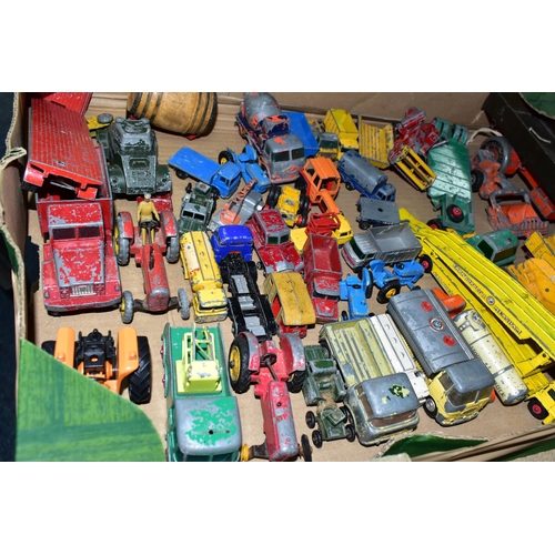 376 - TWO BOXES OF PLAYWORN DIECAST VEHICLES, to include a Corgi Toys 'The Green Hornet's Black Beauty' ca... 