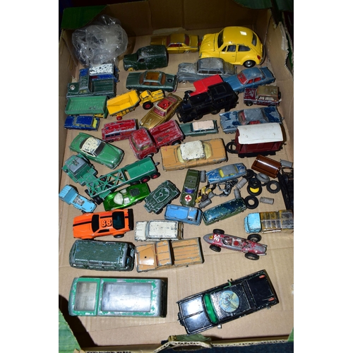 376 - TWO BOXES OF PLAYWORN DIECAST VEHICLES, to include a Corgi Toys 'The Green Hornet's Black Beauty' ca... 