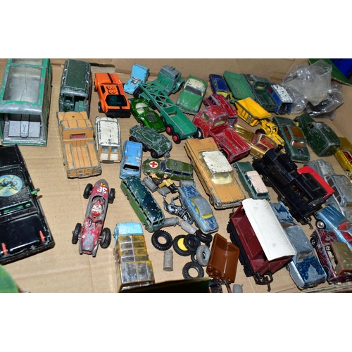 376 - TWO BOXES OF PLAYWORN DIECAST VEHICLES, to include a Corgi Toys 'The Green Hornet's Black Beauty' ca... 