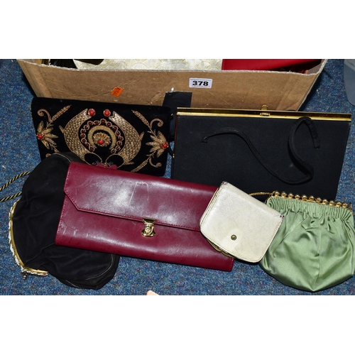 378 - TWO BOXES OF HANDBAGS, to include vintage and modern evening bags, handbags and purses, makers to in... 