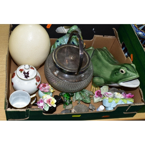 379 - FOUR BOXES OF CERAMICS AND GLASSWARE, to include a five piece terracotta tea set of teapot, stand, h... 