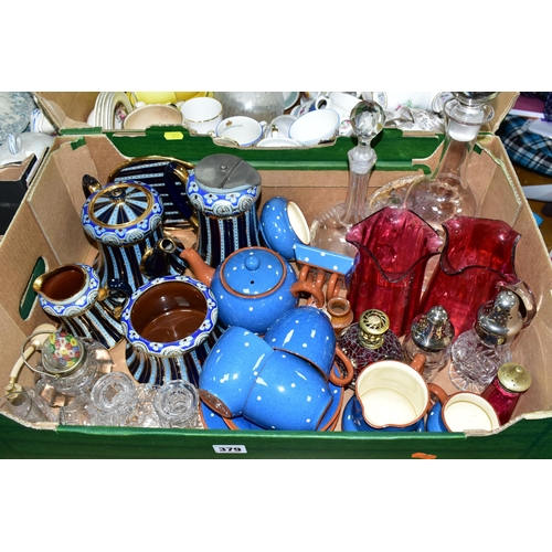 379 - FOUR BOXES OF CERAMICS AND GLASSWARE, to include a five piece terracotta tea set of teapot, stand, h... 