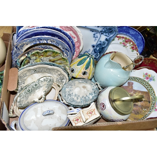 379 - FOUR BOXES OF CERAMICS AND GLASSWARE, to include a five piece terracotta tea set of teapot, stand, h... 