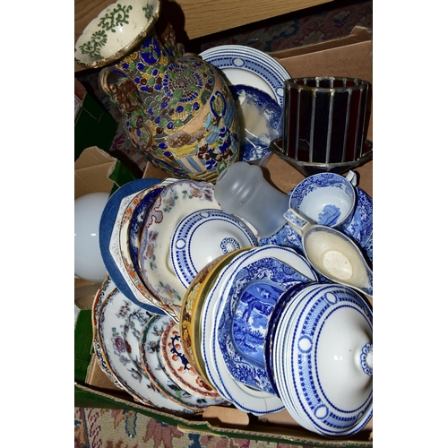 383 - THREE BOXES OF CERAMICS AND GLASSWARES, to include Royal Doulton Paramount Gold dinner wares, an Art... 