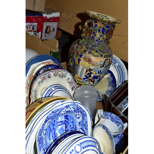 383 - THREE BOXES OF CERAMICS AND GLASSWARES, to include Royal Doulton Paramount Gold dinner wares, an Art... 