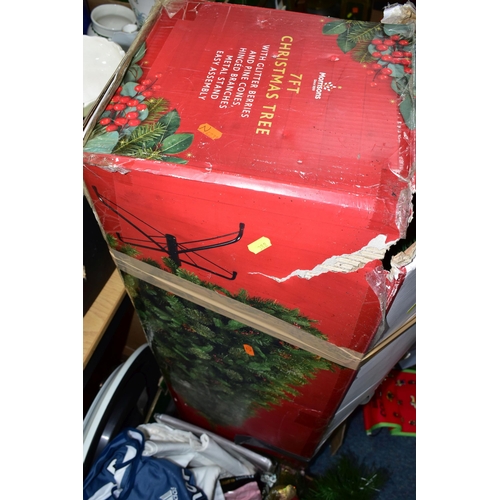 388 - SEVEN BOXES OF MISCELLANEOUS SUNDRIES, to include a boxed Christmas tree, table linen, a mid-century... 