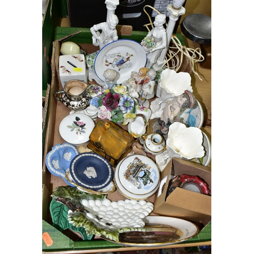 390 - THREE BOXES OF MISCELLANEOUS CERAMICS, to include a boxed loving cup to commemorate the 25th Anniver... 