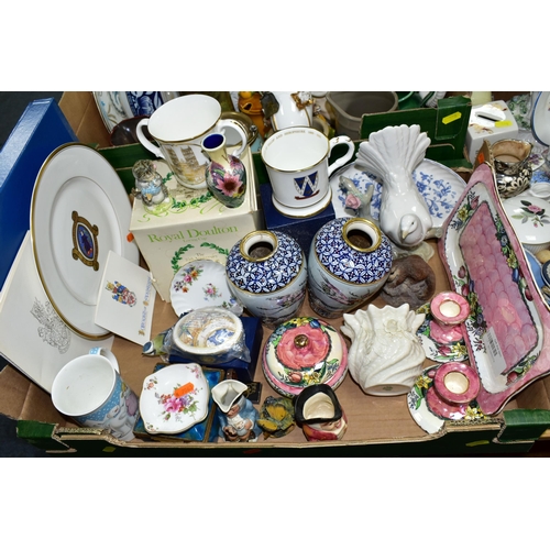 390 - THREE BOXES OF MISCELLANEOUS CERAMICS, to include a boxed loving cup to commemorate the 25th Anniver... 