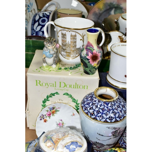 390 - THREE BOXES OF MISCELLANEOUS CERAMICS, to include a boxed loving cup to commemorate the 25th Anniver... 