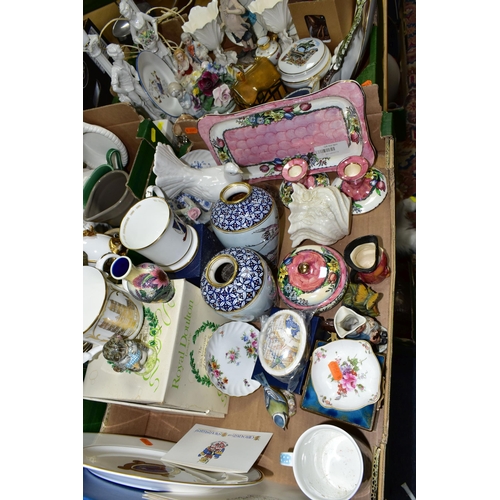 390 - THREE BOXES OF MISCELLANEOUS CERAMICS, to include a boxed loving cup to commemorate the 25th Anniver... 