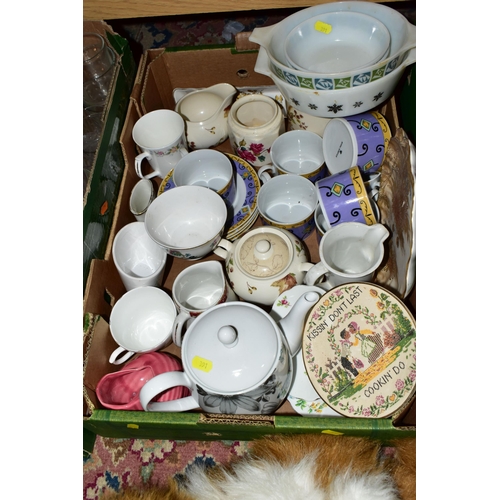 391 - FOUR BOXES OF CERAMICS AND GLASSWARE, to include a Hasbro 2009 FurReal battery operated cat, a large... 