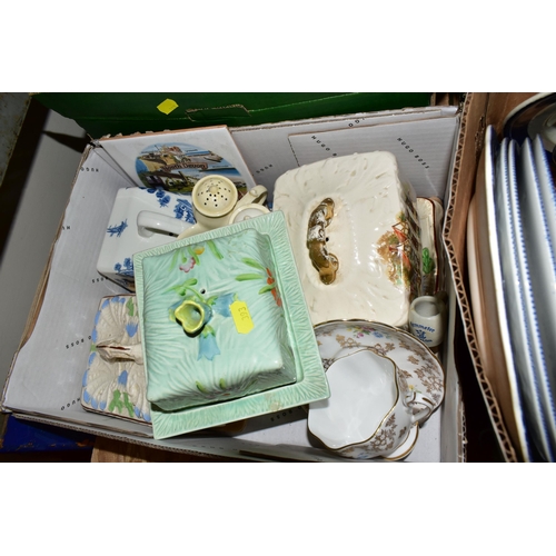 393 - SIX BOXES OF CERAMICS AND CUT CRYSTAL, to include two decanters, celery vase, three cut crystal glas... 