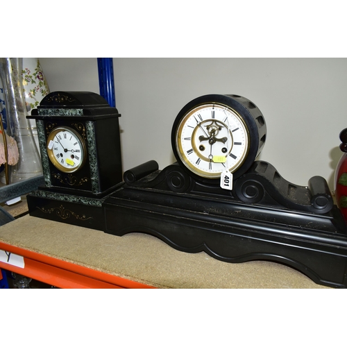 401 - TWO VICTORIAN BLACK SLATE MANTEL CLOCKS, comprising a large black slate mantel clock, eight day, str... 