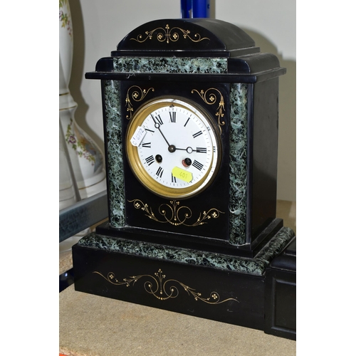 401 - TWO VICTORIAN BLACK SLATE MANTEL CLOCKS, comprising a large black slate mantel clock, eight day, str... 