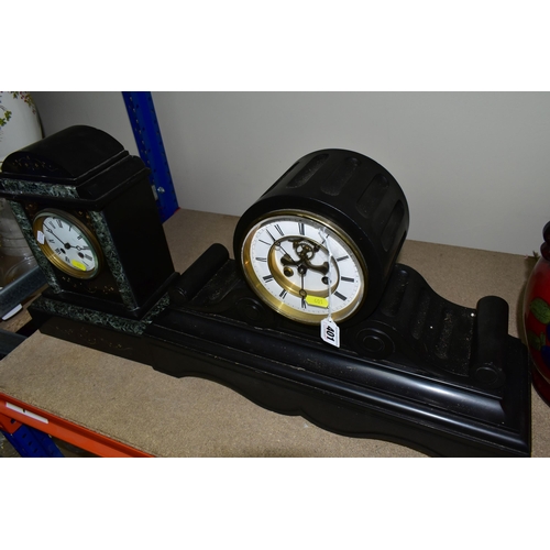 401 - TWO VICTORIAN BLACK SLATE MANTEL CLOCKS, comprising a large black slate mantel clock, eight day, str... 