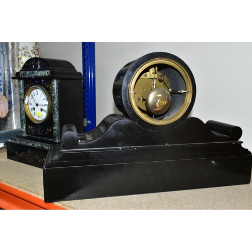 401 - TWO VICTORIAN BLACK SLATE MANTEL CLOCKS, comprising a large black slate mantel clock, eight day, str... 