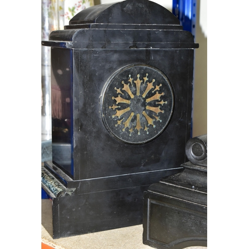 401 - TWO VICTORIAN BLACK SLATE MANTEL CLOCKS, comprising a large black slate mantel clock, eight day, str... 