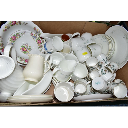 405 - FOUR BOXES OF CERAMICS AND TWO WICKER PICNIC BASKETS, to include a 1950's Sirram picnic set for four... 