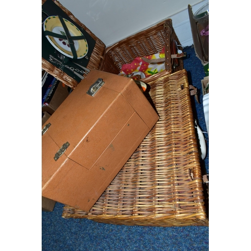 405 - FOUR BOXES OF CERAMICS AND TWO WICKER PICNIC BASKETS, to include a 1950's Sirram picnic set for four... 